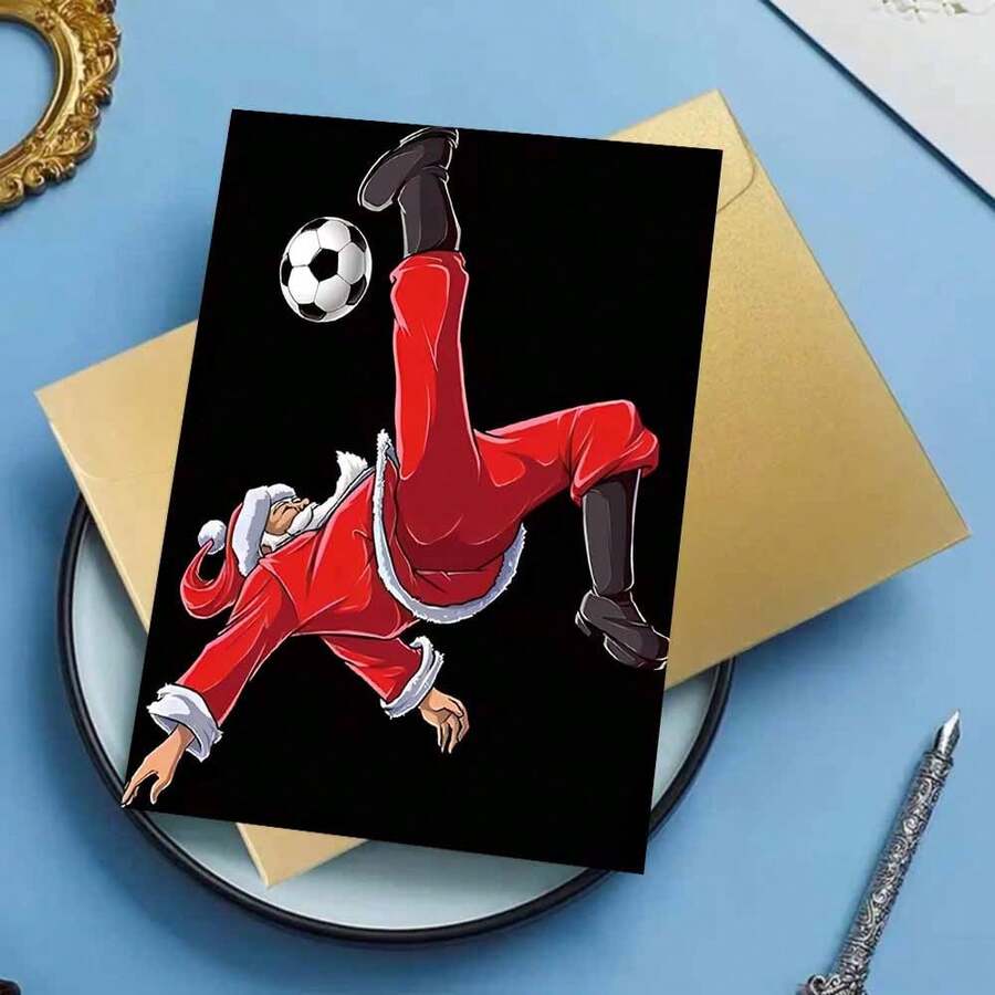 1pc "Soccer - Themed Santa Christmas" Greeting Card With Envelope - Vibrant Santa Playing Soccer Card For Christmas Occasions, Sending Sporty Holiday Greetings, Great For Buddies & Soccer Lovers, Christmas Celebration Present