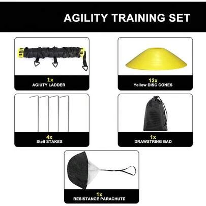 PUBAMALL Juego de Entrenamiento de Velocidad y Agilidad, 12 Escalones Peldaños Ajustables 6 Metros, paracaídas de Resistencia, 12 Conos de Disco, 4 Clavijas
