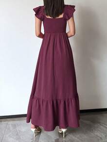 女士春夏连衣裙，红色，时尚休闲，纯色，简约舒适，无肩带设计，优雅短袖连衣裙