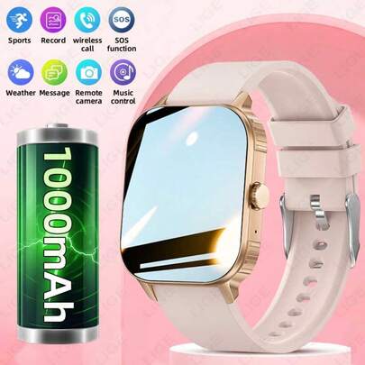  LIGE新款智能手表1000毫安超大电池容量，持久续航，多种运动模式，运动计时，天气预报，音乐播放，女性健康提醒，闹钟设置，来电通知，多功能方形表盘，适合女性和女生的智能手表