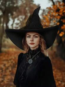 成人巫婆帽，女士黑色大号巫婆帽，万圣节派对服装配饰 - 彩色 - 查看 5