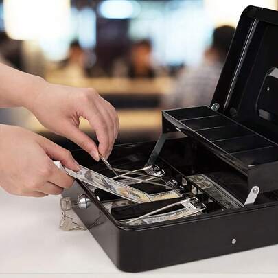 1PC Metal Cash Box With Key Lock, Note And Coin Safe Box, Portable Large Double Layer Cash Box With Fixed Coin Tray And 2 Keys, Money Tin Black.