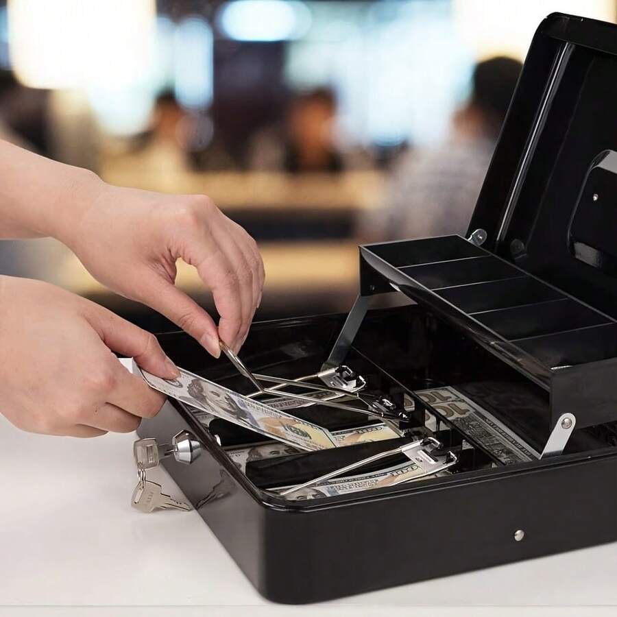 1PC Metal Cash Box With Key Lock, Note And Coin Safe Box, Portable Large Double Layer Cash Box With Fixed Coin Tray And 2 Keys, Money Tin Black.