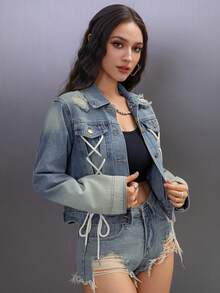 Vintage Washed Short Denim Jacket For Women, Drawstring Tie Design, Non-Stretch, Retro