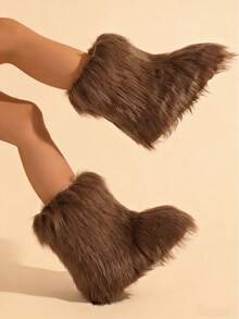 2025 秋冬新款人造毛皮蓬松雪地靴，温暖的 Y2K 女式毛茸茸靴子