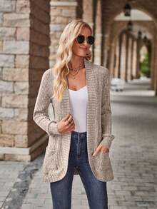 Cárdigan informal de punto acanalado de color liso para mujer con bolsillos,Cárdigan de mujer - Caqui - Ver 4