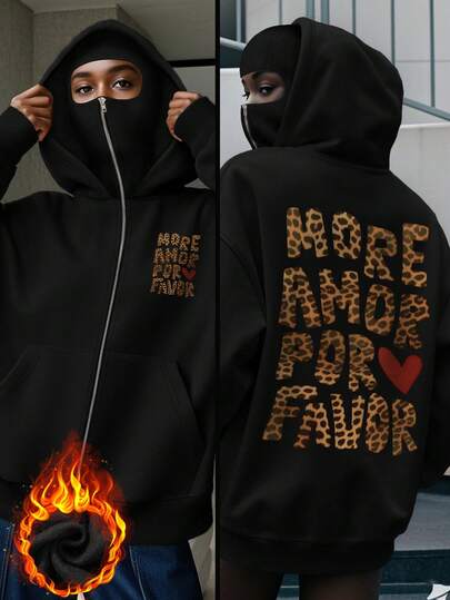 Sweat-shirt à capuche double couche pour femmes, imprimé lettres, imprimé rétro, imprimé cœur léopard, Sweat-shirt cool pour femmes, décontracté. Vêtements d'hiver pour femmes, vêtements d'automne pour femmes, élégantes femmes, pour femmes, hauts, streetwear femmes, automne femmes, rentrée scolaire, fête femmes, Y2K femmes, hauts pour sortir, hiver femmes, campagne femmes, soirée femmes