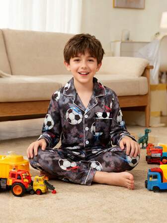 2pcs/Set Boys Casual Football Print Long Sleeve Collared Cardigan And Pants Pajama Set, Suitable For Family Gatherings, Indoor Activities And Daily Wear, Comfortable And Fashionable Loungewear, Autumn/Winter