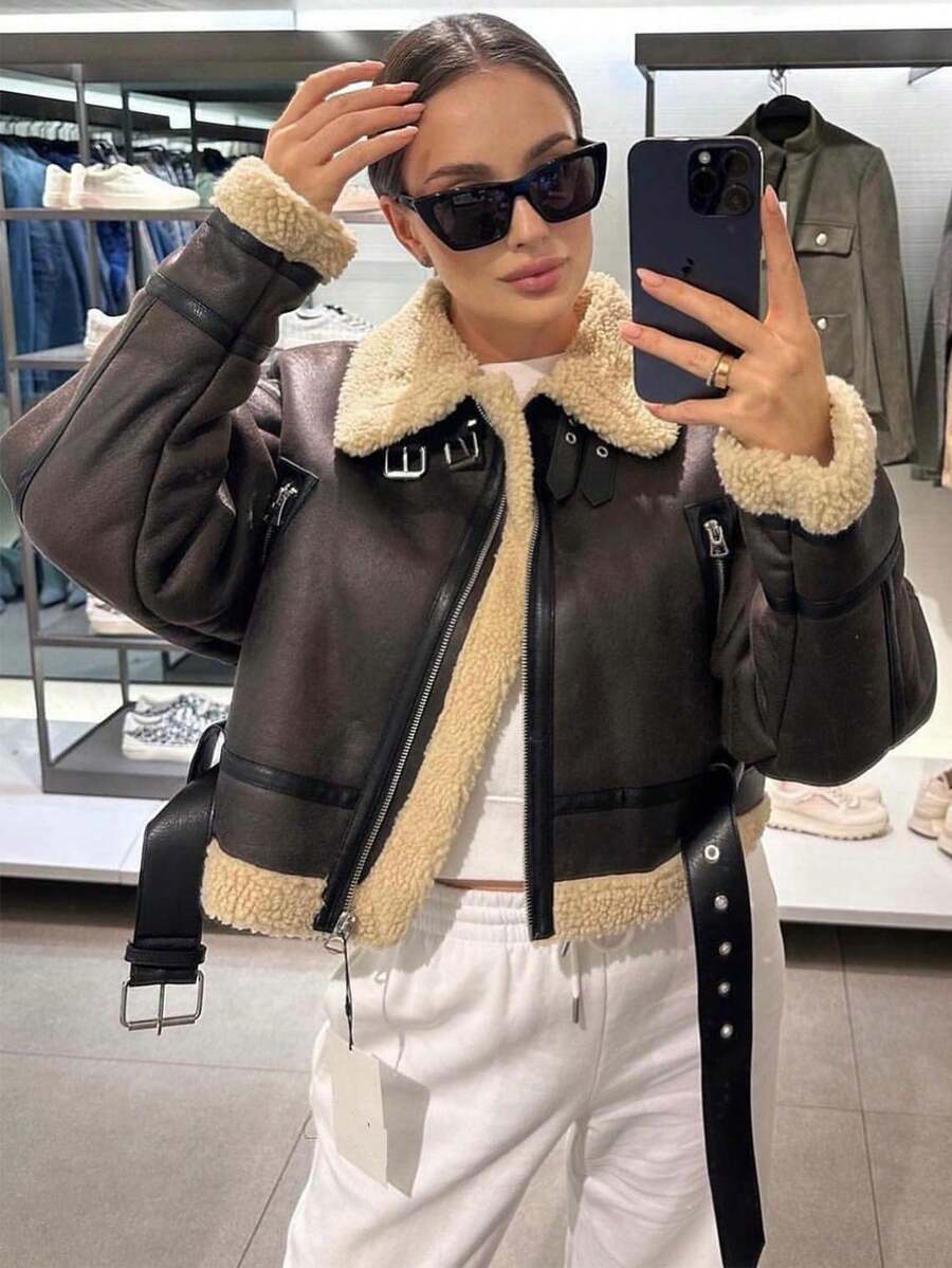 优雅女士仿皮夹克，翻领带口袋和拉链，时尚街头风女士新款夹克 - 摩卡棕 - 查看 1