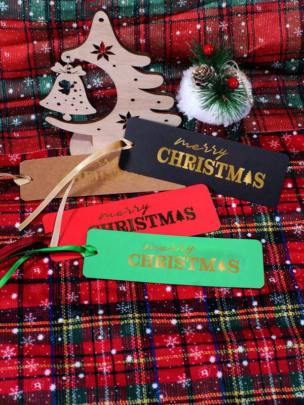 10pcs Christmas Bookmark Gift Tags Kraft Black Paper Bookmarks With Ribbon, Foil Stamped Merry Christmas Design, Holiday Party Favor Tags, DIY Gift Wrapping Accessories, Xmas Decoration Supplies For Books, Candy Bags, Greeting Cards, Stocking Stuffers
