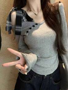 新款女式露肩灰色打底衫，甜美性感蝴蝶结露肩休闲上衣，初秋