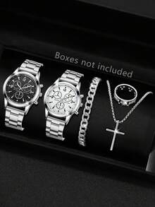 5pcs/Set Men's Steel Band Fashion Casual Classic Three-Eye Business Quartz Watch, Bracelet, Cross Necklace, Ring Jewelry Set, Suitable For Daily Wear Or As Holiday Gift For Friends And Fathers - Silver - View 6