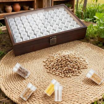 60 槽种子储存整理器，带 96 个标签，带盖和金属安全锁的木制种子储存盒，花园种子整理器，适用于花卉植物蔬菜，棕色