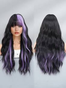 7JHH WIGS Long Wave Black & Purple Highlight Wigs For Women - Loose Fluffy Wavy Curly Wig With Bangs, Full Machine High Density Synthetic Heat Resistant Fiber Hair, Exaggerated Style Anime Halloween Costume Wigs For Cosplay Wear, Masquerade Ball & Music Festival Carnival Party Use 26 Inch - 挑染紫色 - 查看 5