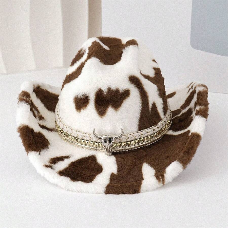 Adult Leopard Print Cowgirl Hat Wide Brim Fedora Hats Fuzzy Lightweight Western Hat With Bull Head Belt For Party - 卡其色 - 查看 1