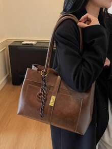 Fashionable New Women's City Commuter Tote Bag, One Shoulder Underarm Bag With Metal Twist Lock Decoration, Comes With Personalized Pendant, Elegant And High-Quality, Suitable For Commuting, Shopping, Work And Other Occasions
