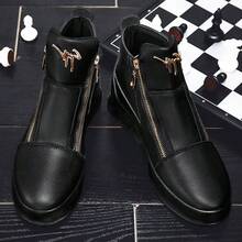 Casual Leather Ankle Boots, High-Top Shoes, Sneakers With Metal Eyelets, Side Zipper, For Daily Wear - Black - View 4