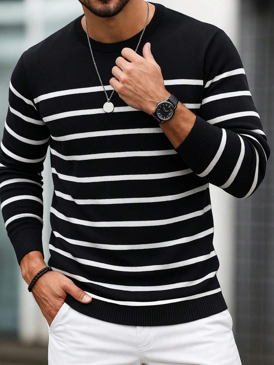 Men's Casual Striped Crew Neck Long Sleeve Sweater , Fall Winter - Black - View 1