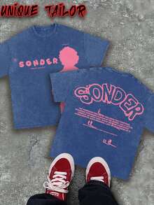 Unique Tailor - (230g Pure Cotton) Men's Retro Pink Text "SONDER" Figure Thinking Pattern Printed T-Shirt, Soft Washed Cotton Round Neck Top, Suitable For Casual - Machine Washed Daily Summer Essentials, Outdoor Clothing, Retro Style, Breathable Fabric, Short Sleeved T-Shirt, Y2K Style - Xanh đậm - Xem 1