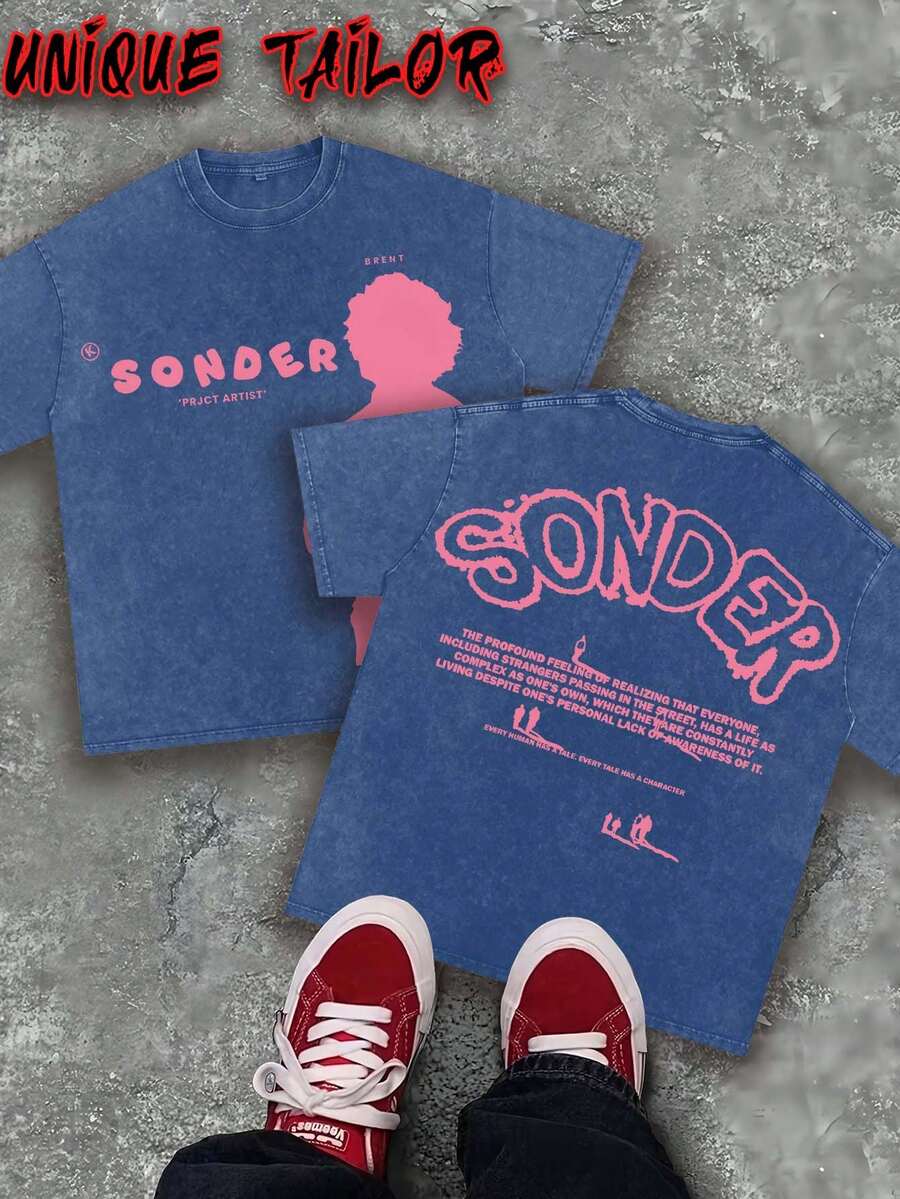 Unique Tailor - (230g Pure Cotton) Men's Retro Pink Text "SONDER" Figure Thinking Pattern Printed T-Shirt, Soft Washed Cotton Round Neck Top, Suitable For Casual - Machine Washed Daily Summer Essentials, Outdoor Clothing, Retro Style, Breathable Fabric, Short Sleeved T-Shirt, Y2K Style - Xanh đậm - Xem 1