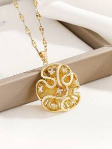 1 套女士不锈钢波浪吊坠项链和耳环，百搭奢华个性化珠宝套装，理想礼物，无礼盒 - 金色 - 查看 3