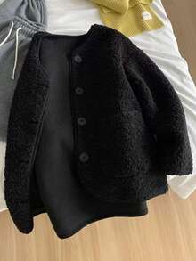 女式黑色泰迪仿皮毛纽扣前长袖开衫夹克，时尚外套，略有弹性