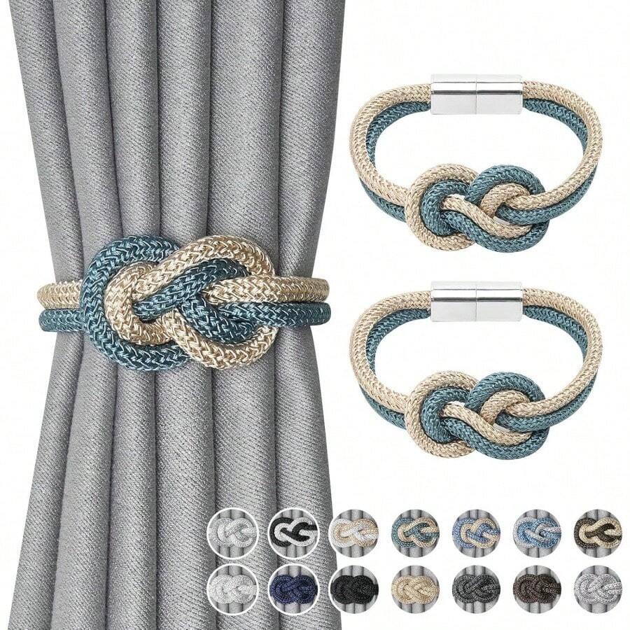 Pack Of 2 Magnetic Mini Curtain Holders In Nordic Simple Style, Elegant Hand-Woven Rope Knots, Decorative Curtain Holders For Thin Window Curtains At Home And Office - Be - Xem 1