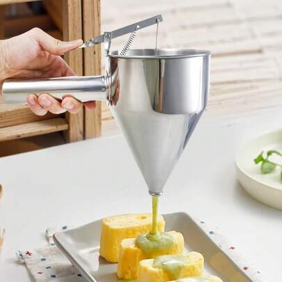 1 件不锈钢手持面糊分配器和漏斗 - 防漏设计带支架，非电动厨房工具，适用于煎饼、章鱼烧、糕点 - 非常适合派对和家庭烘焙，高品质表面处理