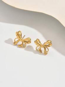 1 Pair Gold Butterfly Stud Earrings, Minimalist Smooth Line Design Accentuates Graceful Charm - Yellow Gold - View 3