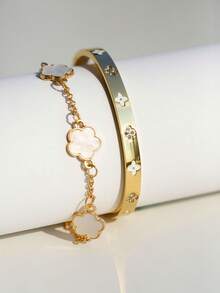 2件套防水奢华彩色立方氧化锆不锈钢开口手镯，18K镀金时尚女式首饰 - 幸運草-2pcs - 查看 3