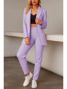 Elegante conjunto de traje liso de manga larga con cuello chal y doble botón para mujer, con bolsillos, para oficina y trabajo. - Púrpura malva - Ver 3