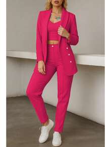 Conjunto elegante de blazer y pantalón de manga larga con cuello chal y doble botonadura para mujer, tejido elástico medio. - Rosa Fucsia - Ver 2