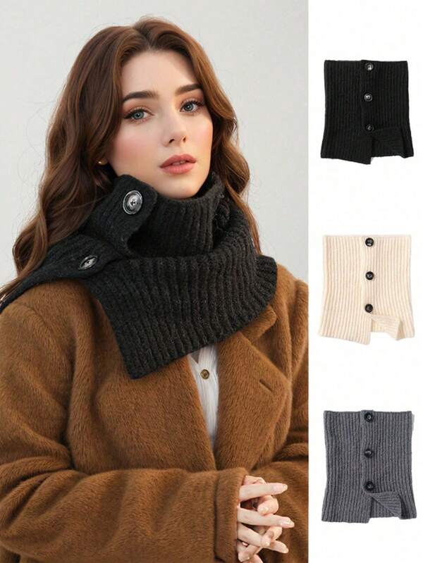 1pc Winter Warm Knitted Collar Scarf Women Korean Thicken High Neck Wraps Solid Color Button Woolen Fake Collar Pullover Shawl