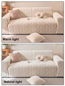 1pc Solid Color Plush Warm Sofa Cover, Soft & Skin-Friendly, Jacquard Design, Pet-Friendly Machine Washable Durable, Christmas New Year Holiday Party Home Decor, Sofa Protection, Fits 1/2/3/4 Seater Sofa - Beige - View 8