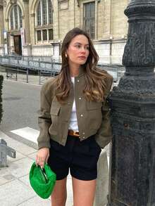 Women's Casual Solid Color Pocket Open Front Short Jacket, Autumn/Winter - Army Green - View 4