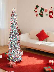 60 英寸可折叠圣诞树，配有 4 种颜色的亮片，易于组装 - 非常适合节日家居和派对装饰 - 銀色 - 查看 2