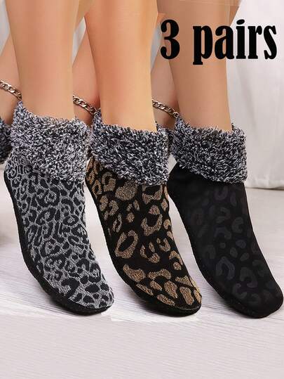 3双新款豹纹家居袜套装，女士保暖加厚地板袜/拖鞋，冬季适用，蓬松舒适