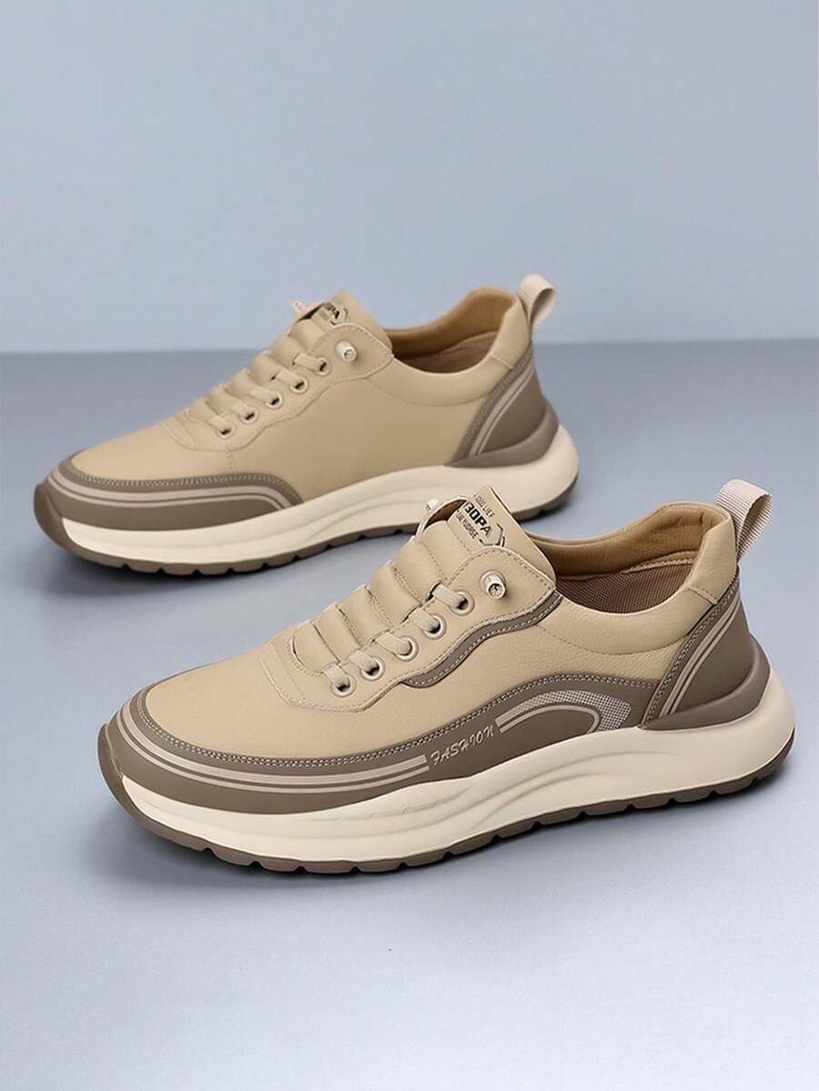 Tenis casuales para hombre de color sólido, con suela gruesa y estilo fashion,Punta Redonda De Malla Transpirable De Encaje Hasta Zapatillas De Deporte Para Hombres Con Diseño De Monograma De La Calle De Moda Senderismo Zapatos Casuales Para Hombres,Zapatillas De Tenis Vintage,Suela gruesa y cómoda,antideslizante y resistente al desgaste,diseño versátil,adecuado para desplazamientos,trabajo,deportes,actividades al aire libre y otras escenas - Caqui - Ver 1