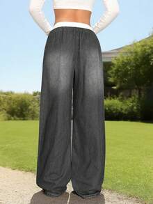 بنطلون فضفاض واسع الساق للنساء الشابات ذوات الحجم الكبير، بتصميم مخطط أزرق وأبيض، قصة عصرية، خفيف الوزن ومنفذ للهواء - رمادي - مشاهدة 5