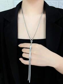 1pc Stainless Steel Necklace For Women, Luxury Versatile Extra Long Snake Chain, Adjustable Minimalist Design Sweater Chain - Silver - View 4