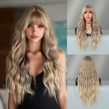 7JHH WIGS Long Wave Ash Blonde Highlight Wigs For Women - Loose Fluffy Wavy Curly Wig With Bangs, Full Machine High Density Synthetic Heat Resistant Fiber Hair Wigs For Daily Wear,Halloween Cosplay & Music Festival Party Use 26 Inch - 亞麻金 - 查看 11