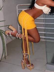 Sexy Chic Minimalist Fashionable Niche Solid Color Fringed Knit Mini Skirt, Suitable For Dates - Yellow - View 7