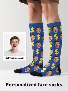 1 Pair Customized Face Socks, Customized Photo Socks, Customized Printed Socks, Print Any Face On Socks, High-Quality Men's Socks Suitable For Anniversary Gifts, Halloween, Christmas, Unique Gifts For Brides, Gifts For Boyfriends, Couples Dollar Pattern Printed Socks, Women's Knee-High Socks, New Thick Long Socks For Autumn/Winter, Calf Socks