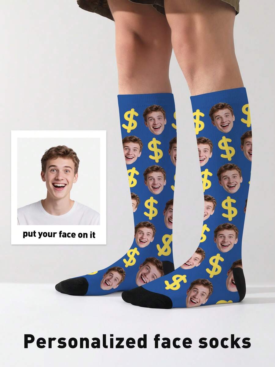 1 Pair Customized Face Socks, Customized Photo Socks, Customized Printed Socks, Print Any Face On Socks, High-Quality Men's Socks Suitable For Anniversary Gifts, Halloween, Christmas, Unique Gifts For Brides, Gifts For Boyfriends, Couples Dollar Pattern Printed Socks, Women's Knee-High Socks, New Thick Long Socks For Autumn/Winter, Calf Socks