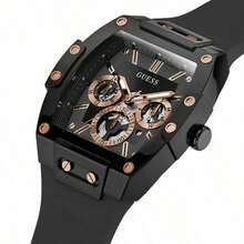 Guess Phoenix Hollow 多功能男士石英表，黄色硅胶表带，黑色桶形表盘，休闲腕表，适合日常街头风和运动装扮，时尚男士礼物，男友/女友之选 - 黑白金 - 查看 7