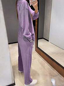 Set de 2 piezas de chaqueta de punto casual y pantalones con cordón para mujer - Morado - Ver 3