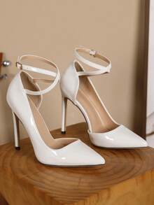 Talons hauts à boucle de cravate en matériau brillant miroir pour femmes, nouveaux modèles de escarpins blancs à talons hauts, élégants, pour soirée, mariage - Blanc - Voir 6