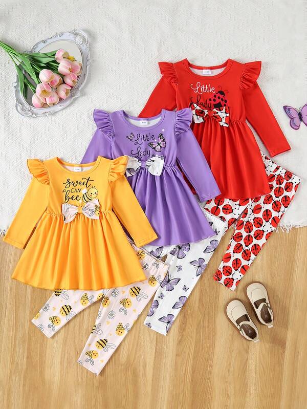 6pcs Baby Girl Casual English Letter, Bee, Butterfly, Ladybug Print Long Sleeve Dress & Matching Random Print Leggings Outdoor Set, Autumn/Winter