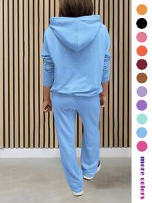 女士休闲两件套，纯色优雅长袖连帽卫衣（带抽绳口袋）和直筒抽绳长裤，春季款 - 淺藍色 - 查看 2
