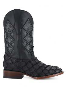 Bota Vaquera Hombre Piel De Pescado Natural Alta Calidad Cuero Auténtico Ajuste Perfecto Comodidad Superior Montura Equitación Invierno Estilo Urbano - Negro - Ver 3